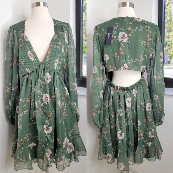 LULUS Endless Charisma Green Floral Chiffon Long Sleeve Mini Dress NWT L. - Picture 3 of 11